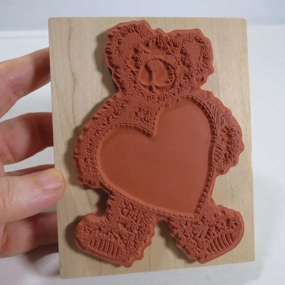 Teddy Bear with stitched Heart Wooden Rubber Stamp NEW